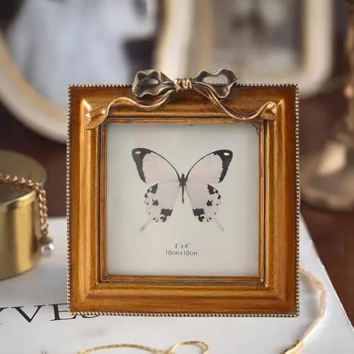 SIKOO Vintage Bow Picture Frame 10.16 cm (4x4 in) | Antique Bronze Gold Resin Wall & Tabletop Decor thumbnail 2