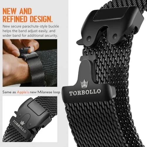 torbollo Compatible with Apple Watch Band for Men, Milanese Mesh Loop 49mm/45mm/44mm/42mm | Parachute Buckle, Stainless Steel Mesh thumbnail 3