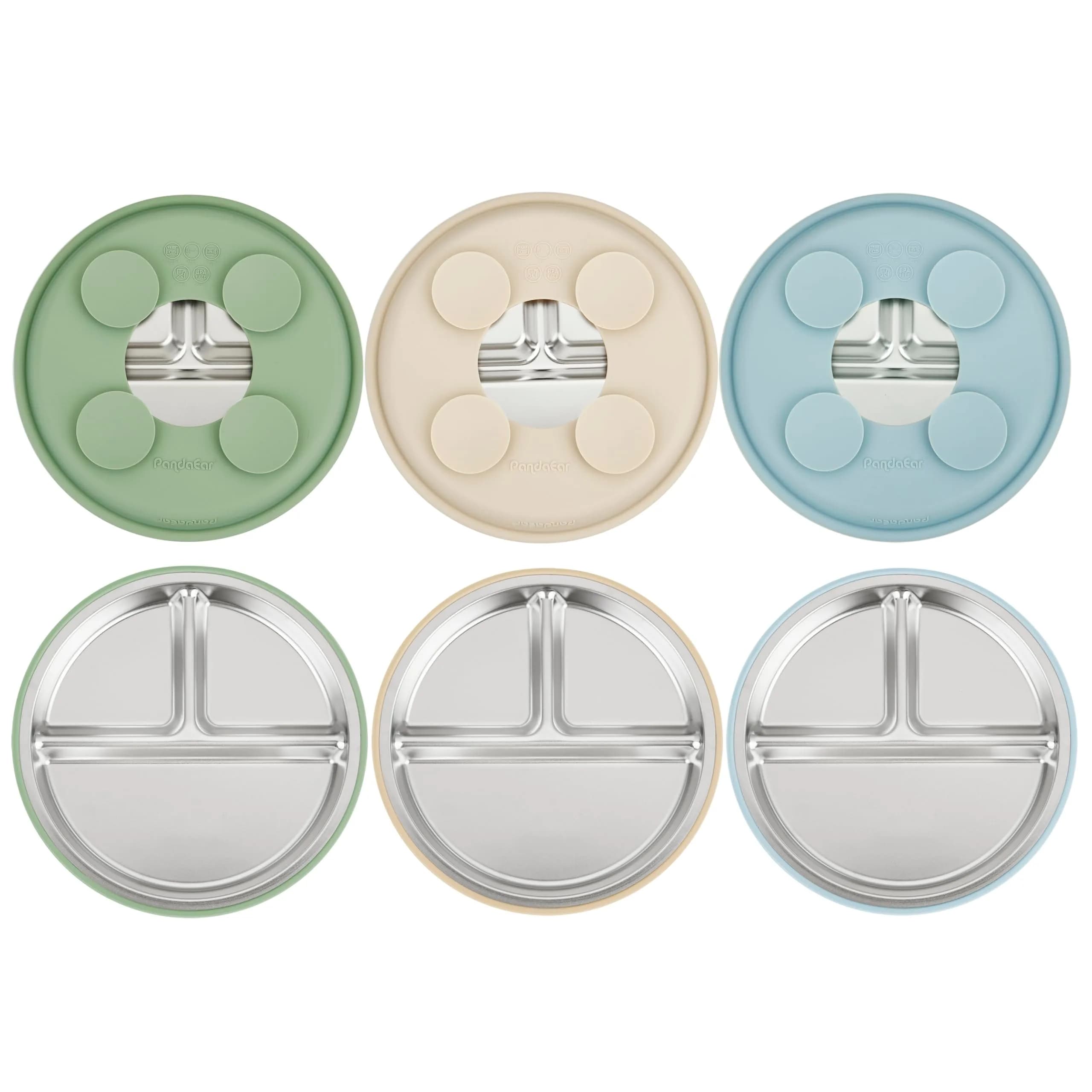 PandaEar Baby Suction Plates 3 Pack | Stainless Steel Divided Toddler Plate for Baby Led Weaning, Non-Slip, Dishwasher Safe (Blue/Green/Brown) - main product image