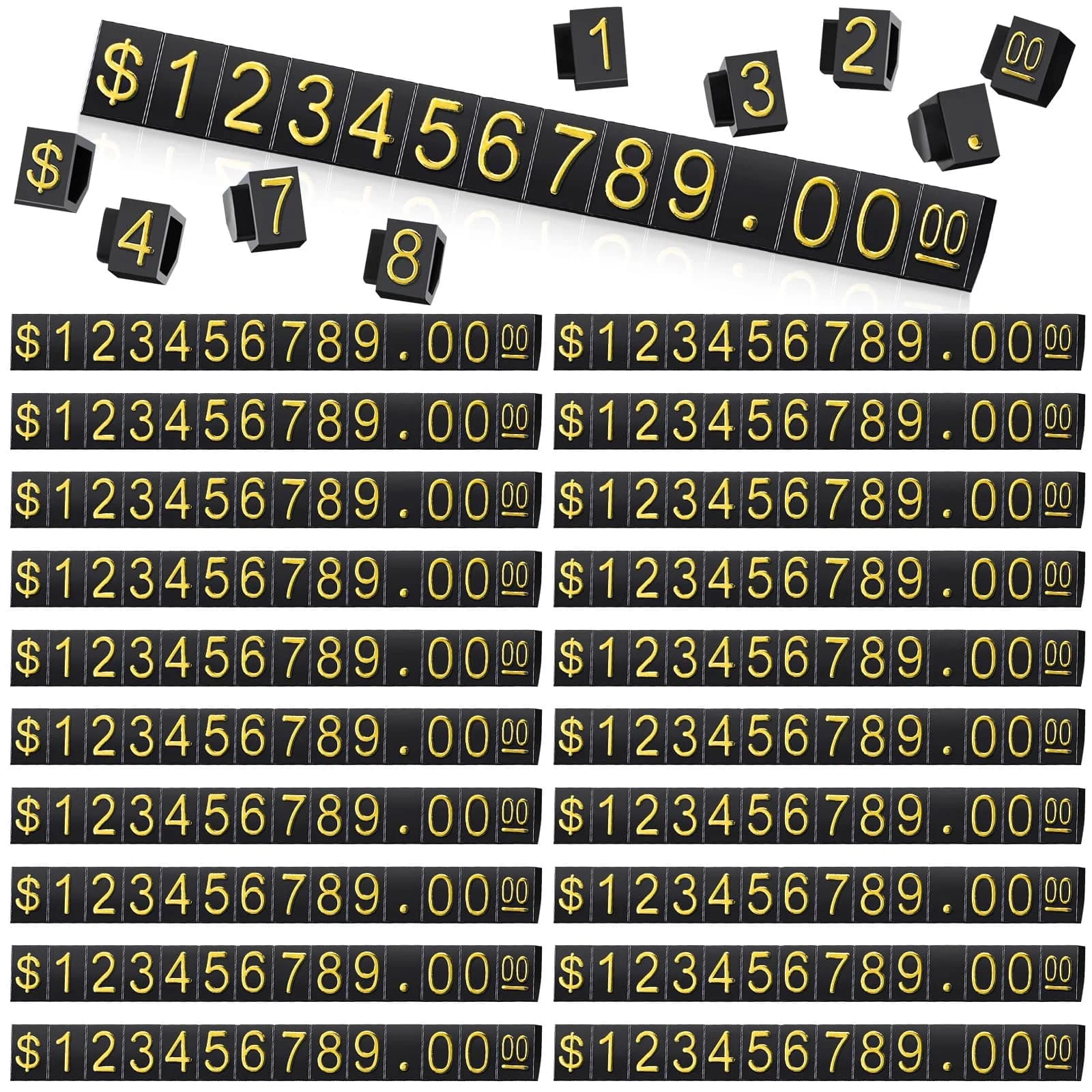 Qunclay 50 Sets Price Display Cubes with Gold Numbers & Black Bases | Adjustable Retail Pricing Tags