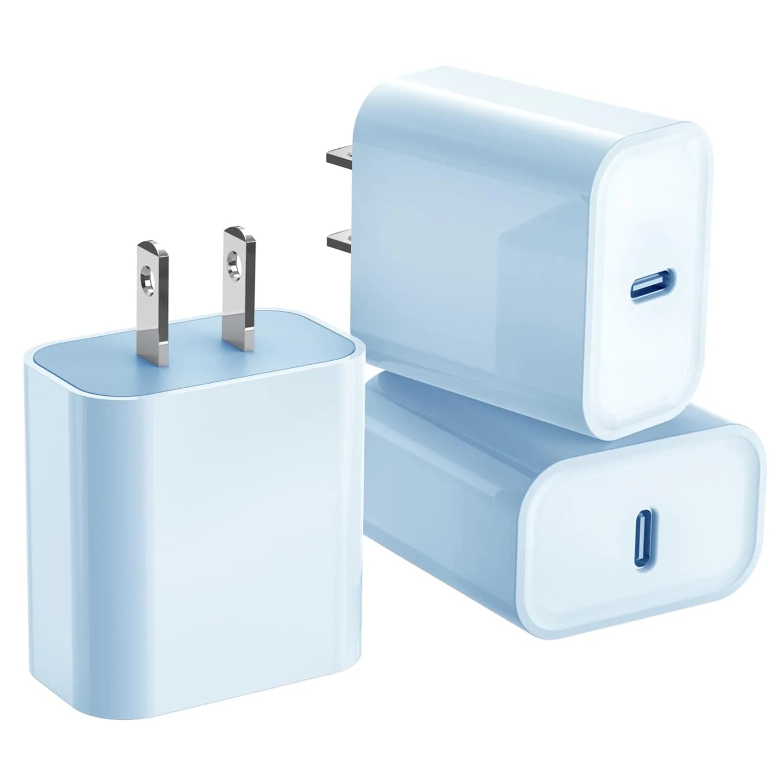 DelTucci 3Pack USB C Charger Blocks 20W | Fast Charging Power Delivery for iPhone & Android — Blue