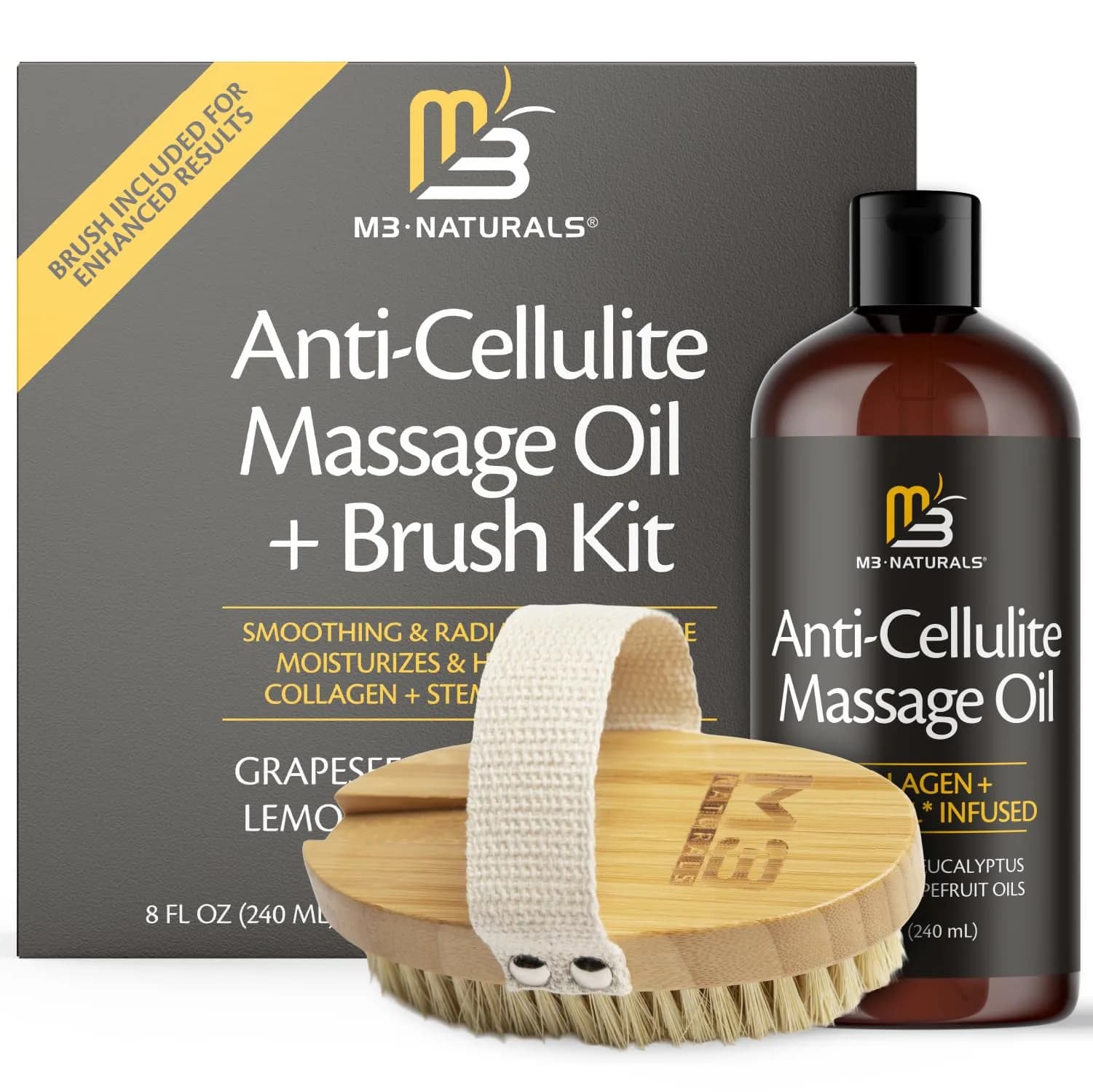 M3 Naturals Anti-Cellulite Massage Oil & Firm Dry Body Brush Kit 237ml (8 fl oz) | Cruelty-Free - main product image