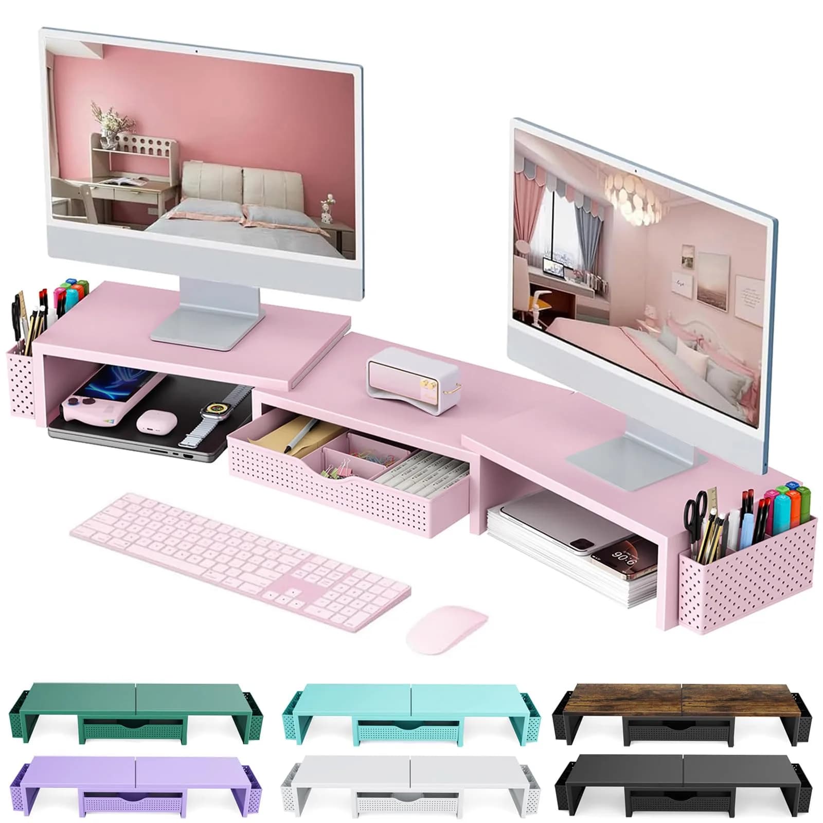 gianotter Dual Monitor Stand Riser with Drawer and Pen Holders, Black | USPTO Patented Organizer — Pink