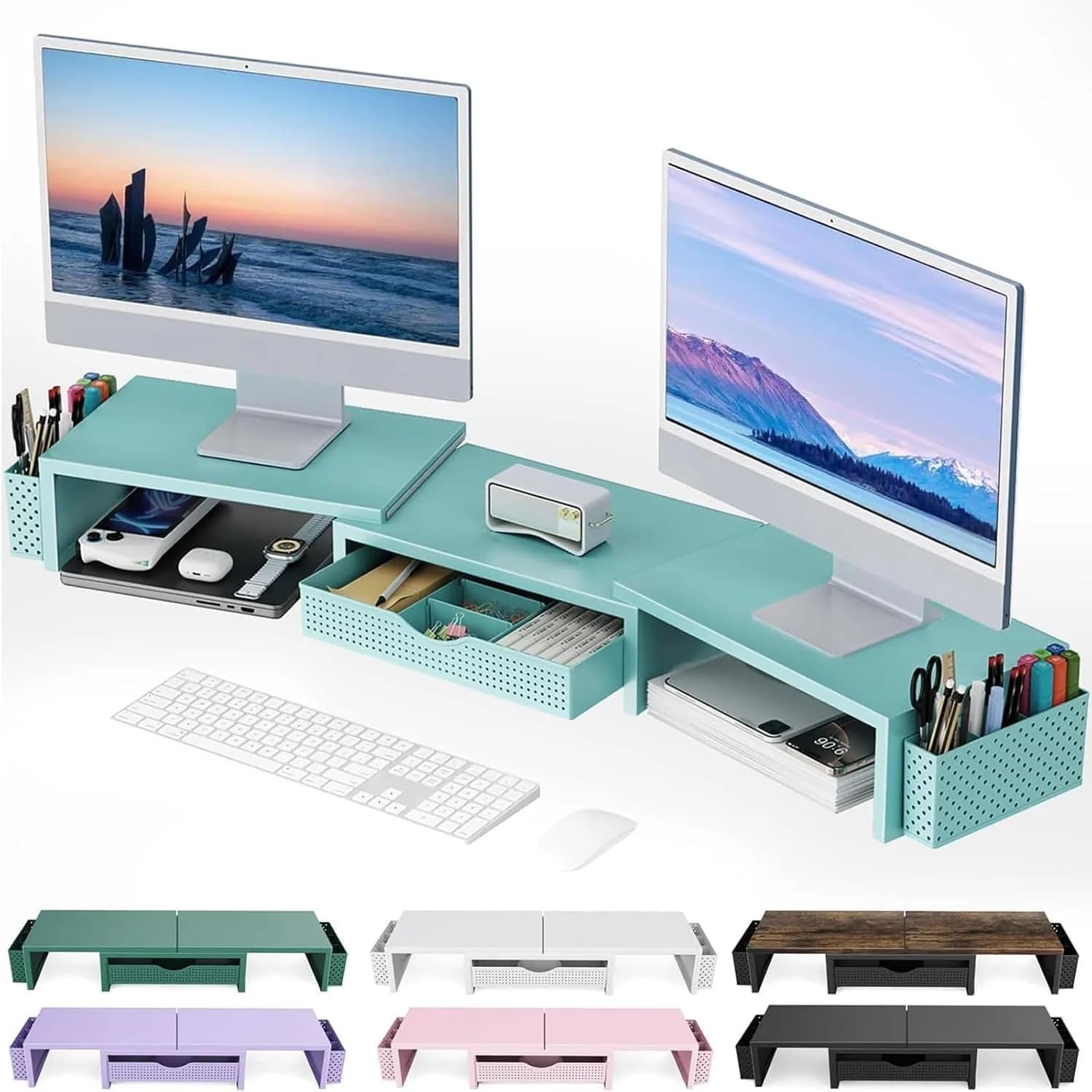 gianotter Dual Monitor Stand Riser with Drawer and Pen Holders, Black | USPTO Patented Organizer — Blue