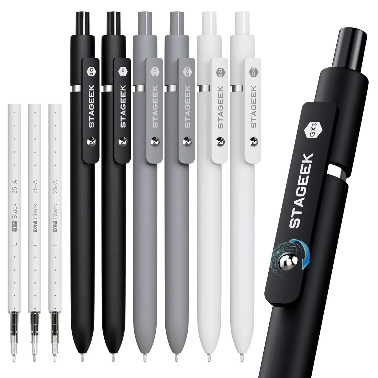 STAGEEK GX3 Black Gel Pens 0.7mm (6 Pens + 3 Refills) | Smooth Writing, Quick Dry, Soft Grip - main product image