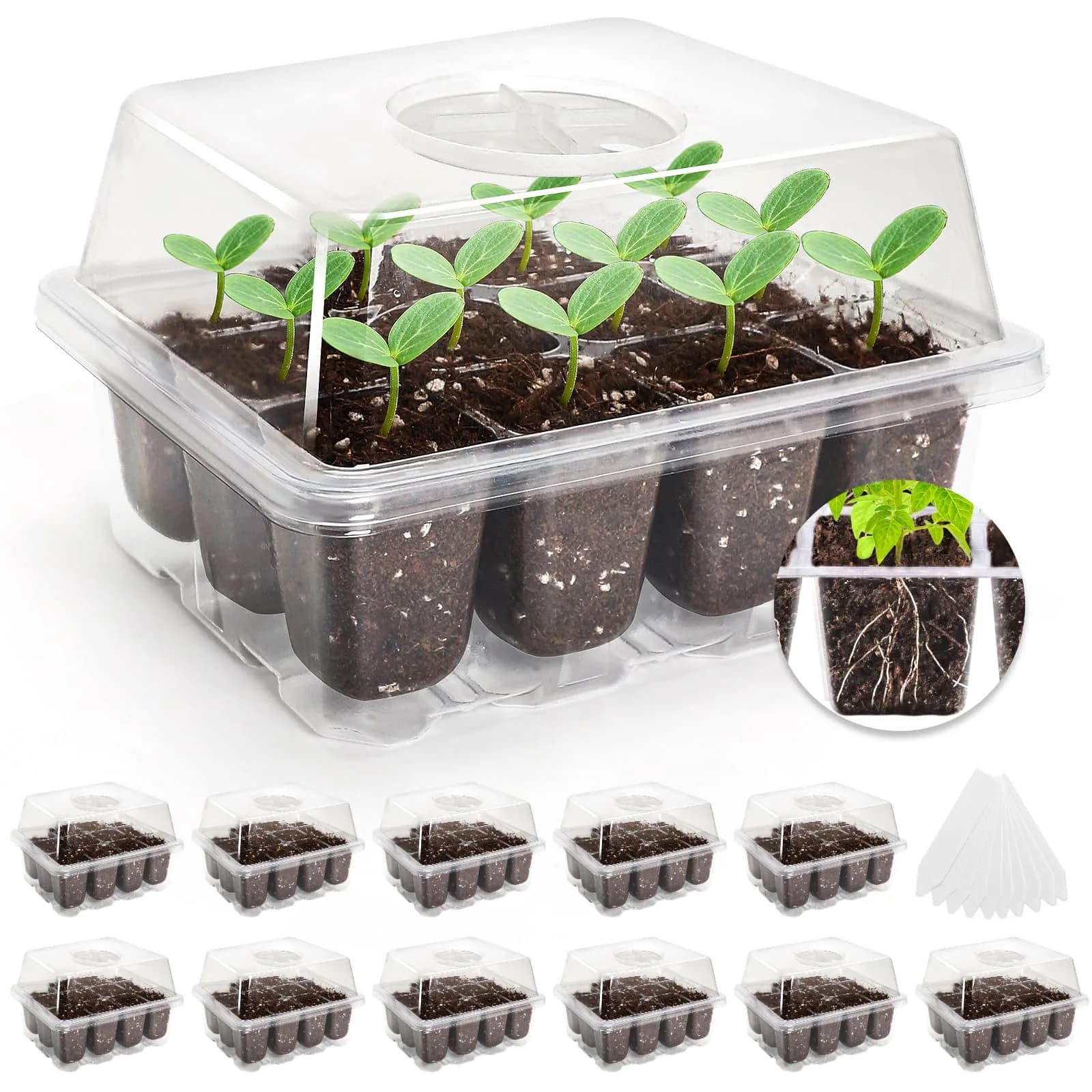 MIXC 10 Pack Seed Starter Tray Kit with Humidity Dome & 120 Cells | Reusable Seedling Propagation Trays with Drainage & Adjustable Vent