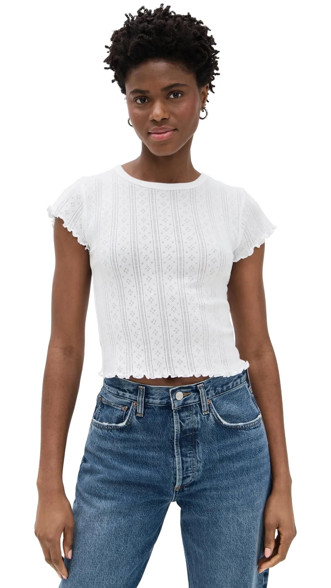 DAZE Lily Tee White Hot XL | Fitted Cotton T-Shirt with Lettuce Hem (XL, 100% Cotton) — White Hot / X-Small