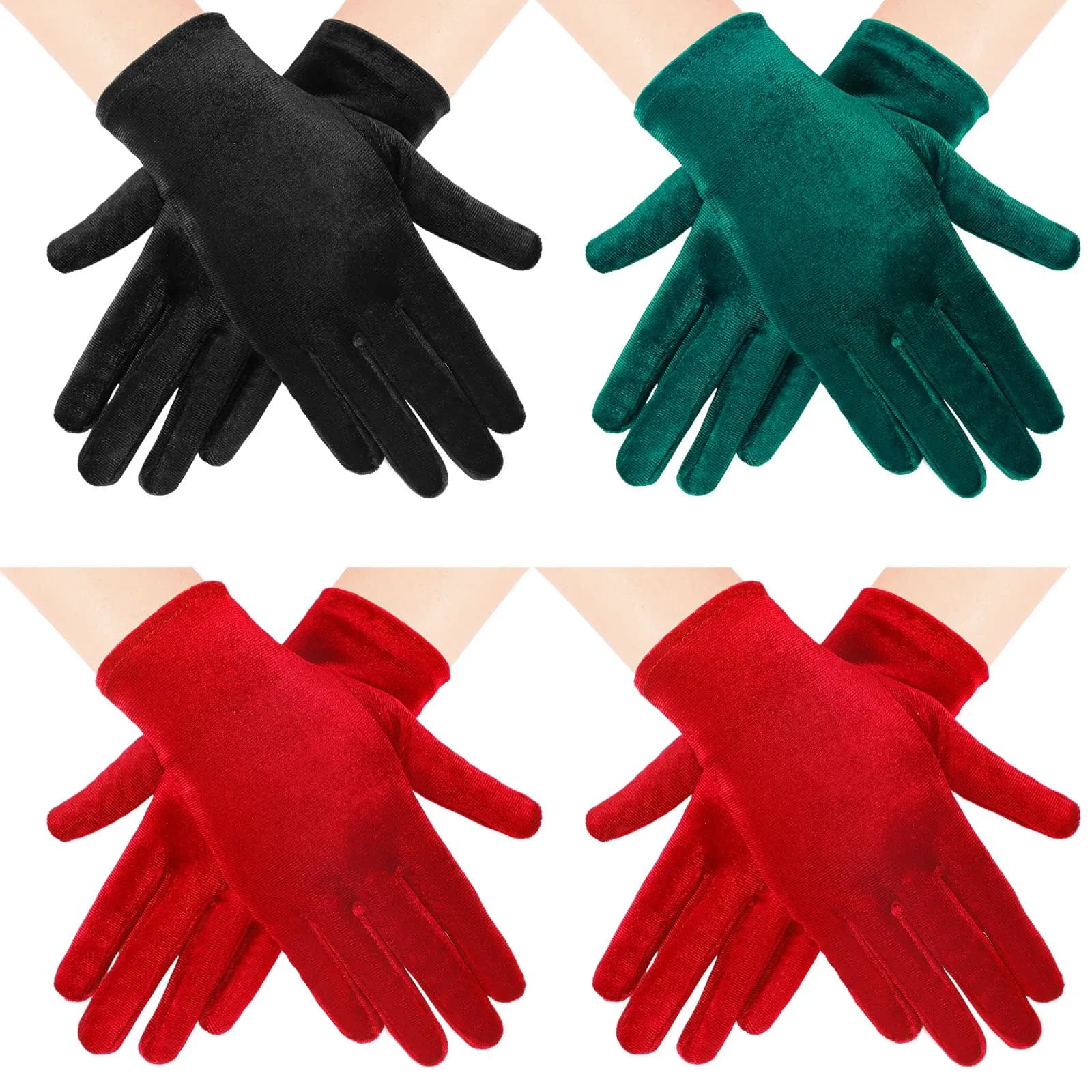 Geyoga Black Velvet Short Opera Gloves 22cm (8.7in) | 4 Pairs for Elegant Occasions — Black, Dark Green, Red