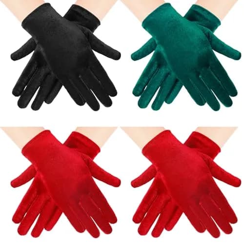Geyoga Women's Short Velvet Gloves 22 cm (8.7 inch) | 4 Pairs Black, Dark Green, Red thumbnail 1