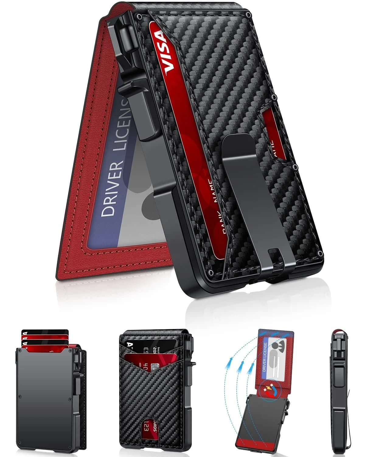 ZALVEX Minimalist RFID Blocking Pop-Up Wallet for Men, Carbon Fiber & Aluminum, 12+ Cards Capacity — Carbon Fiber & Red