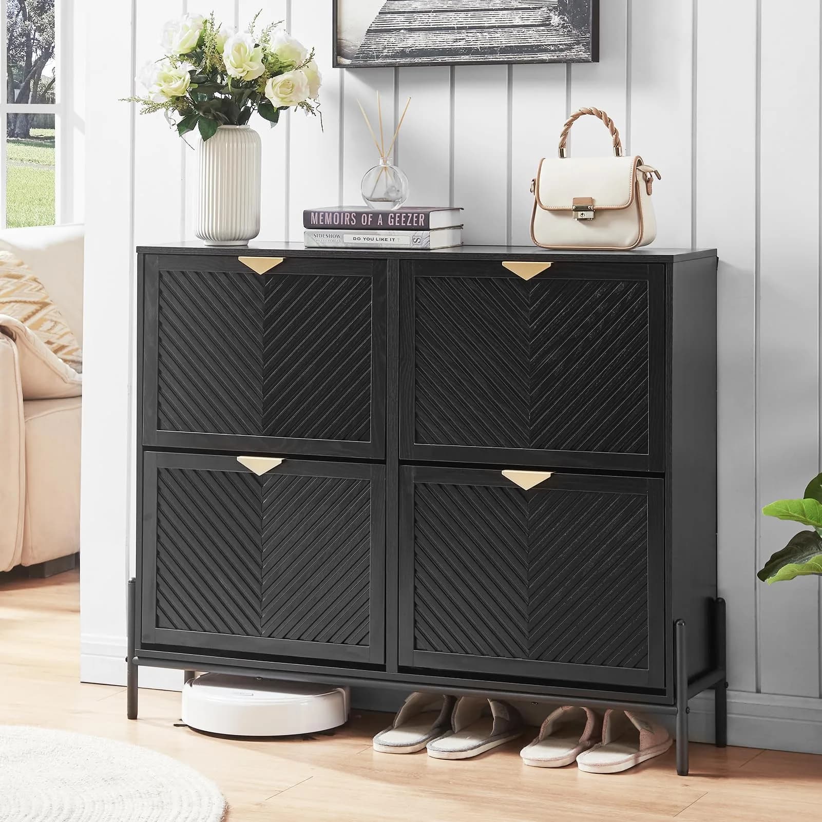 VIPLUMI Shoe Cabinet with 2 Flip Drawers | Narrow Entryway Rack in Black — Black / Large