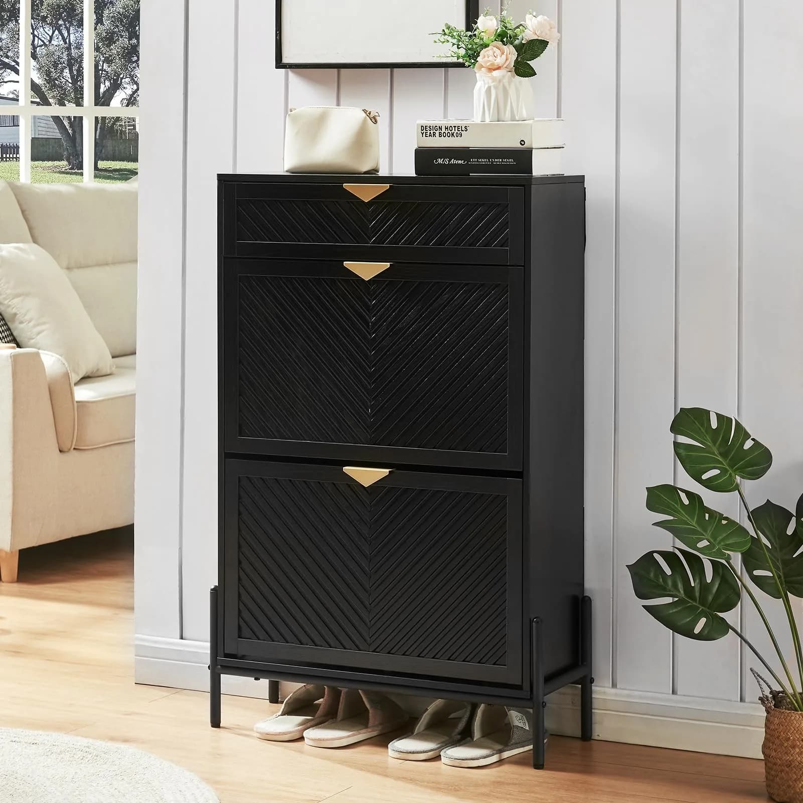 VIPLUMI Shoe Cabinet with 2 Flip Drawers | Narrow Entryway Rack in Black - main product image