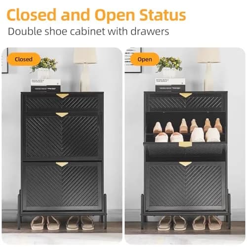 VIPLUMI Shoe Cabinet with 2 Flip Drawers | Narrow Entryway Rack in Black thumbnail 6
