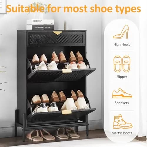 VIPLUMI Shoe Cabinet with 2 Flip Drawers | Narrow Entryway Rack in Black thumbnail 2