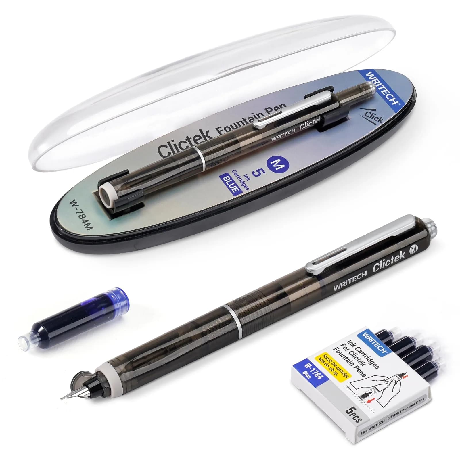 WRITECH Clictek Retractable Fountain Pen Set: Blue Ink Medium Nib, Transparent Barrel, 5 Ink Cartridges | Smooth Writing, No Leaking — Black