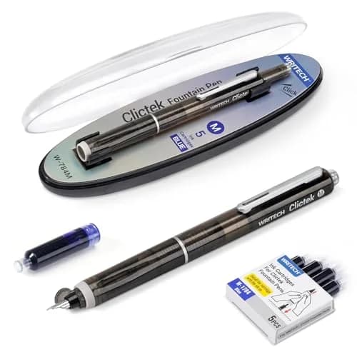 WRITECH Clictek Retractable Fountain Pen Medium Nib Blue Ink Transparent Barrel with 5 Refillable Ink Cartridges | Smooth Writing for Journaling & Calligraphy thumbnail 1