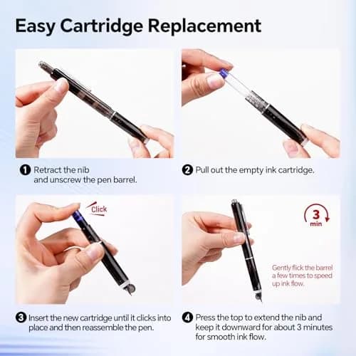 WRITECH Clictek Retractable Fountain Pen Medium Nib Blue Ink Transparent Barrel with 5 Refillable Ink Cartridges | Smooth Writing for Journaling & Calligraphy thumbnail 2