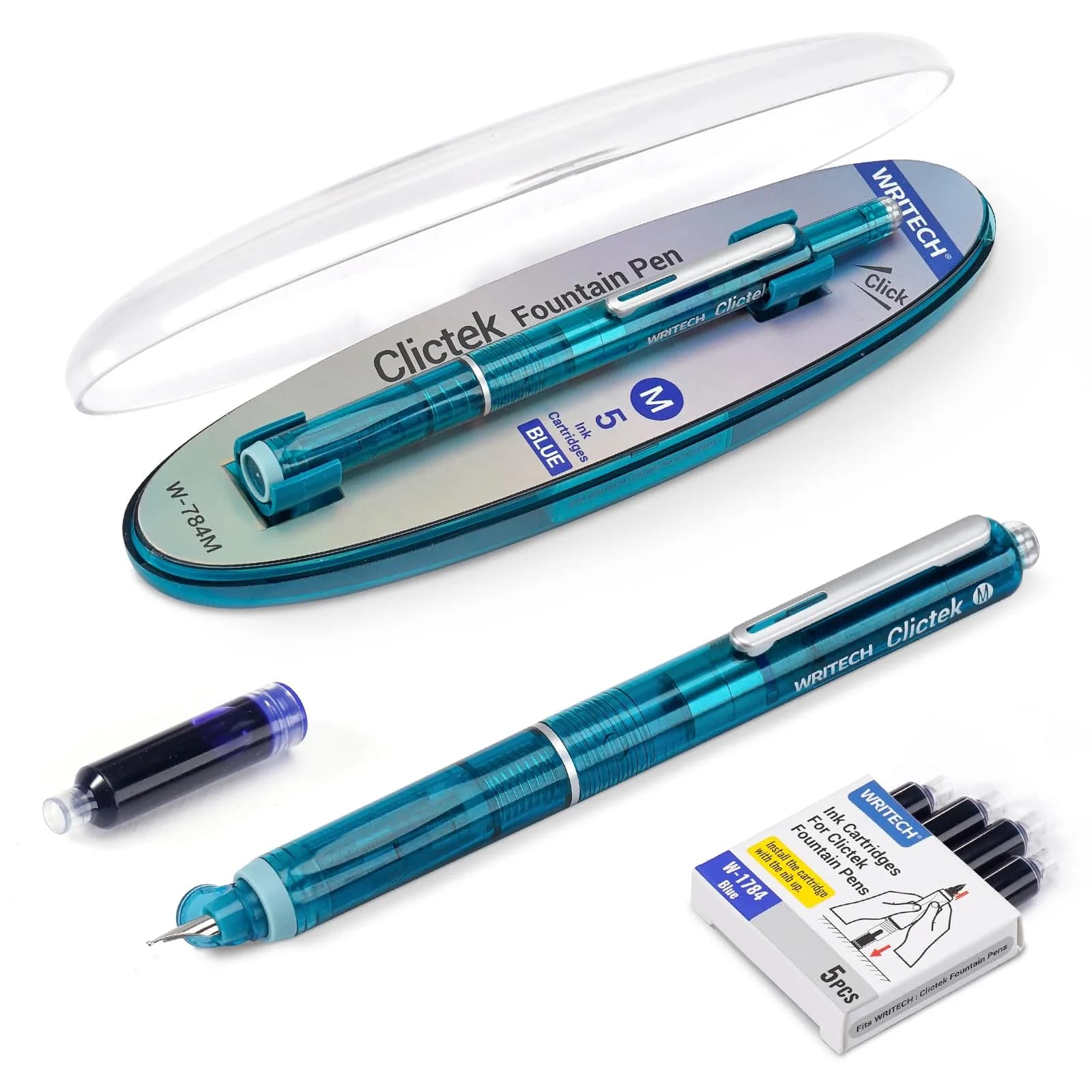 WRITECH Clictek Retractable Fountain Pen Set: Blue Ink Medium Nib, Transparent Barrel, 5 Ink Cartridges | Smooth Writing, No Leaking - main product image