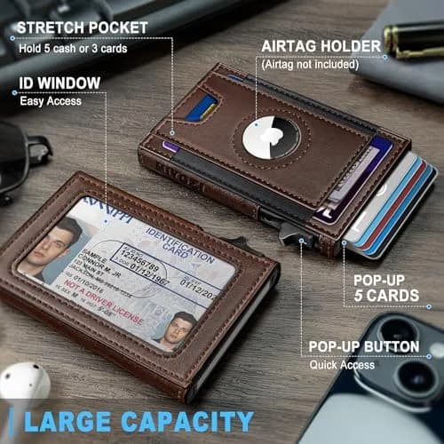 miyozi Airtag Wallet for Men, Slim Pop Up Credit Card Holder RFID Blocking Mens Minimalist wallet for 7-9 Cards ID Window thumbnail 2