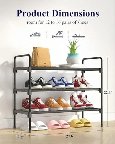 Kitsure 3-Tier Shoe Rack 70.1cm (27.6") Wide | Stackable Black Metal & Fabric Organizer thumbnail 4