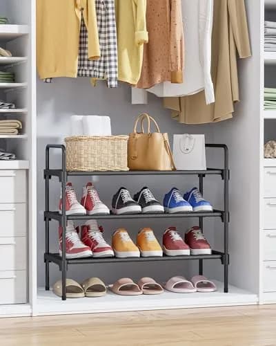 Kitsure 3-Tier Shoe Rack 70.1cm (27.6") Wide | Stackable Black Metal & Fabric Organizer thumbnail 3
