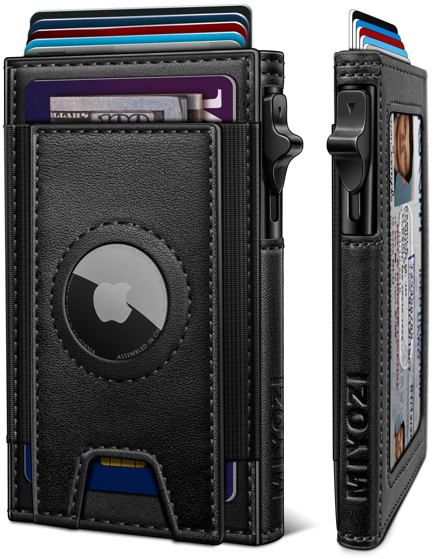 miyozi Slim Airtag Wallet for Men, Pop-Up RFID Blocking Leather Card Holder with ID Window | 9.9 cm (3.9 in) — Black049