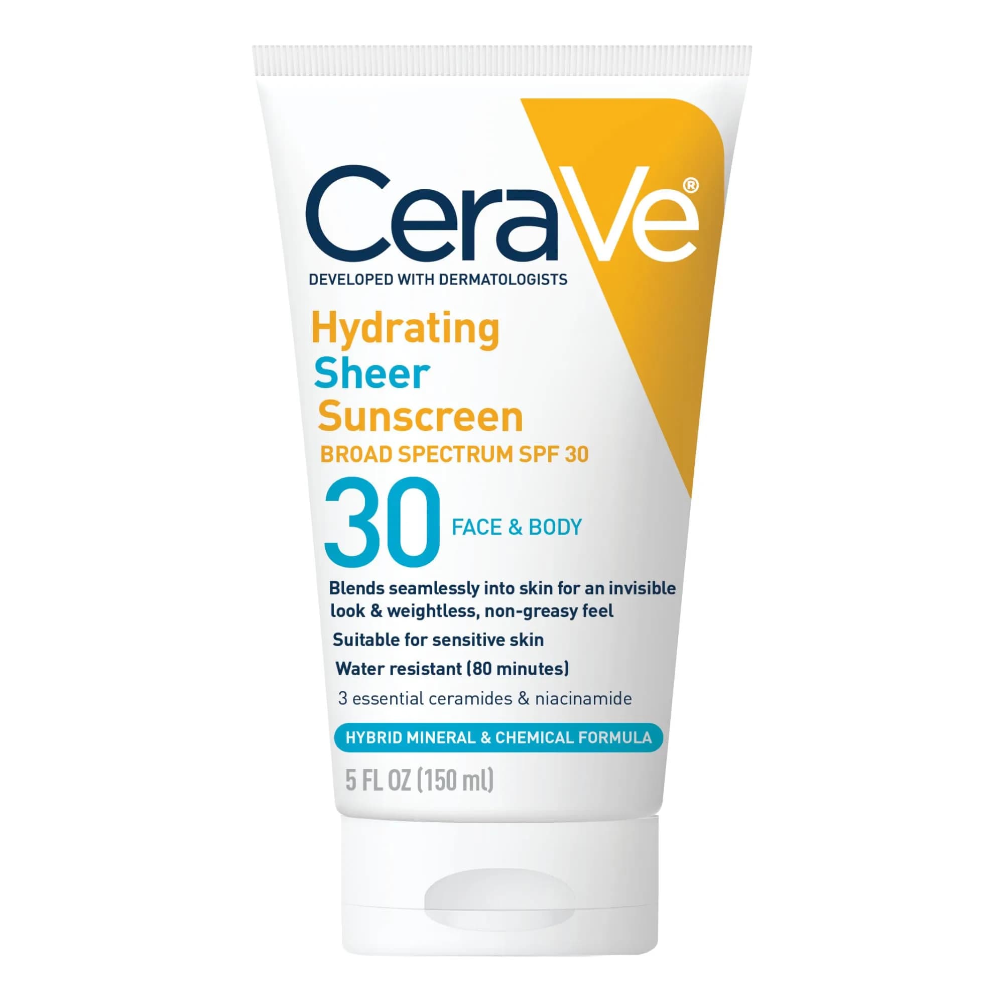 CeraVe Hydrating Sheer Sunscreen SPF 30 with Hyaluronic Acid, 89ml (3 Fl Oz) | Hybrid Formula with Zinc Oxide & Ceramides — 5 Fl Oz