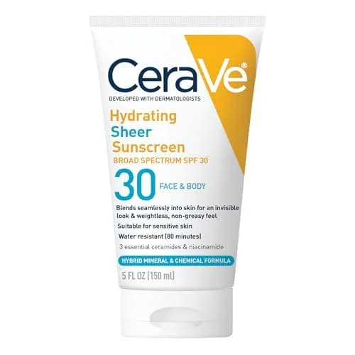 CeraVe Hydrating Sheer Sunscreen SPF 30 with Hyaluronic Acid, 148ml (5 Fl Oz) | Broad Spectrum UVA/UVB Protection thumbnail 1