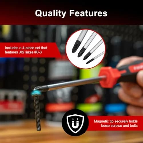 TUSK JIS Screwdriver Set 4 Piece #0, #1, #2, #3 | Magnetic Tips & Ergonomic Grips thumbnail 4