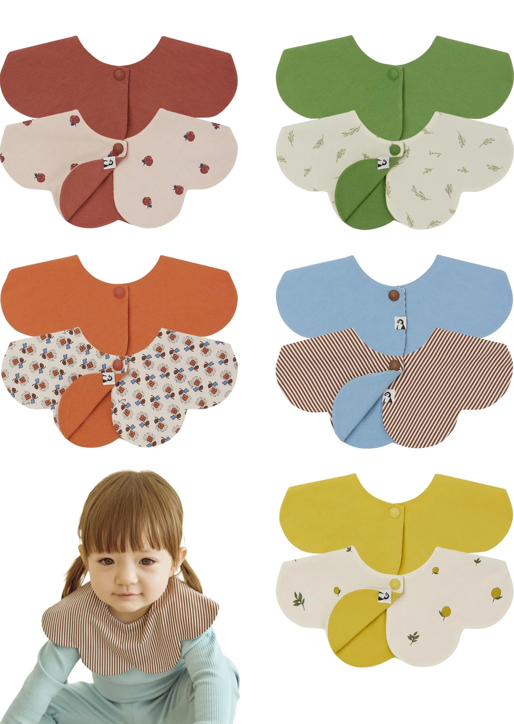 Konny Baby Bibs for Drooling Boys & Girls, Super Absorbent Quick Dry 5-Pack | 360° Rotating, Reversible, Snap Closure - main product image
