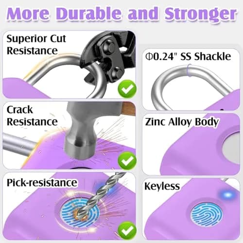 Pothunder Fingerprint Padlock, Smart Lock, Locker Lock, APP Unlock, USB Rechargeable, Lavender Purple | High Recognition Rate thumbnail 4