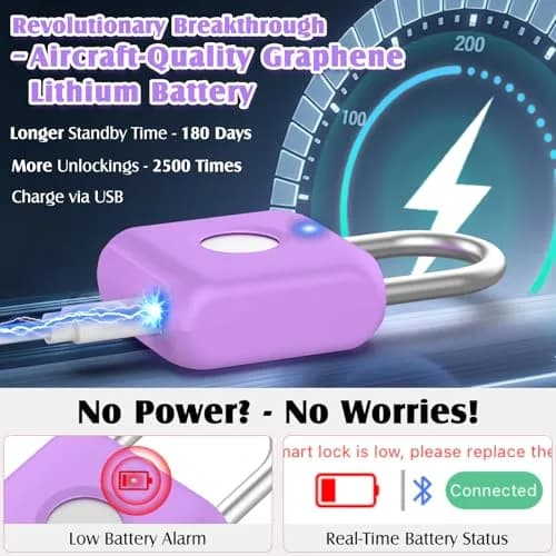 Pothunder Fingerprint Padlock, Smart Lock, Locker Lock, APP Unlock, USB Rechargeable, Lavender Purple | High Recognition Rate thumbnail 5