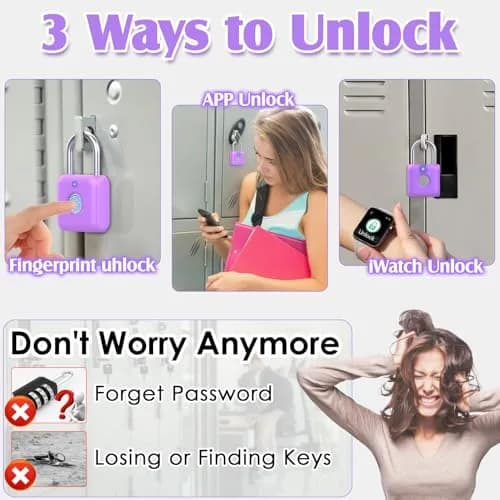 Pothunder Fingerprint Padlock, Smart Lock, Locker Lock, APP Unlock, USB Rechargeable, Lavender Purple | High Recognition Rate thumbnail 2