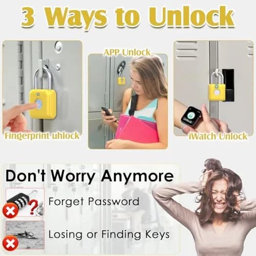 Pothunder Fingerprint Padlock, Smart Lock with APP Unlock, USB Rechargeable, Suitable for Gym Locker, Locker (Lemon Yellow) | Biometric Security thumbnail 2