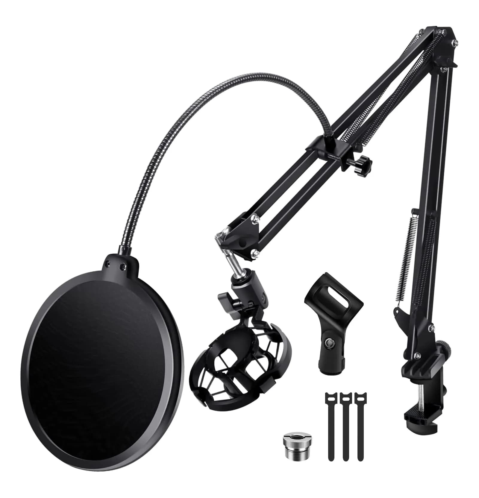 BILIONE Versatile Boom Arm Stand for Desk, Adjustable Microphone Stand Kit with Pop Filter, Shock Mount, Mic Clip, Cable Ties, Table Clamp (Black)