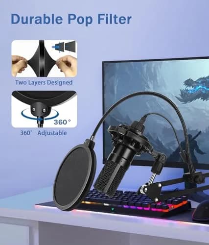 BILIONE Versatile Boom Arm Stand for Desk, Adjustable Microphone Stand Kit with Pop Filter, Shock Mount, Mic Clip, Cable Ties, Table Clamp (Black) thumbnail 4