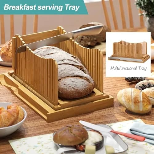 Vriccc Large Bamboo Bread Slicer with Serrated Knife | Adjustable 3 Thickness Sizes, Foldable & Compact (16"L x 10.6"W) thumbnail 4