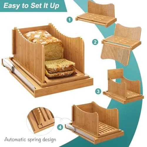 Vriccc Large Bamboo Bread Slicer with Serrated Knife | Adjustable 3 Thickness Sizes, Foldable & Compact (16"L x 10.6"W) thumbnail 7
