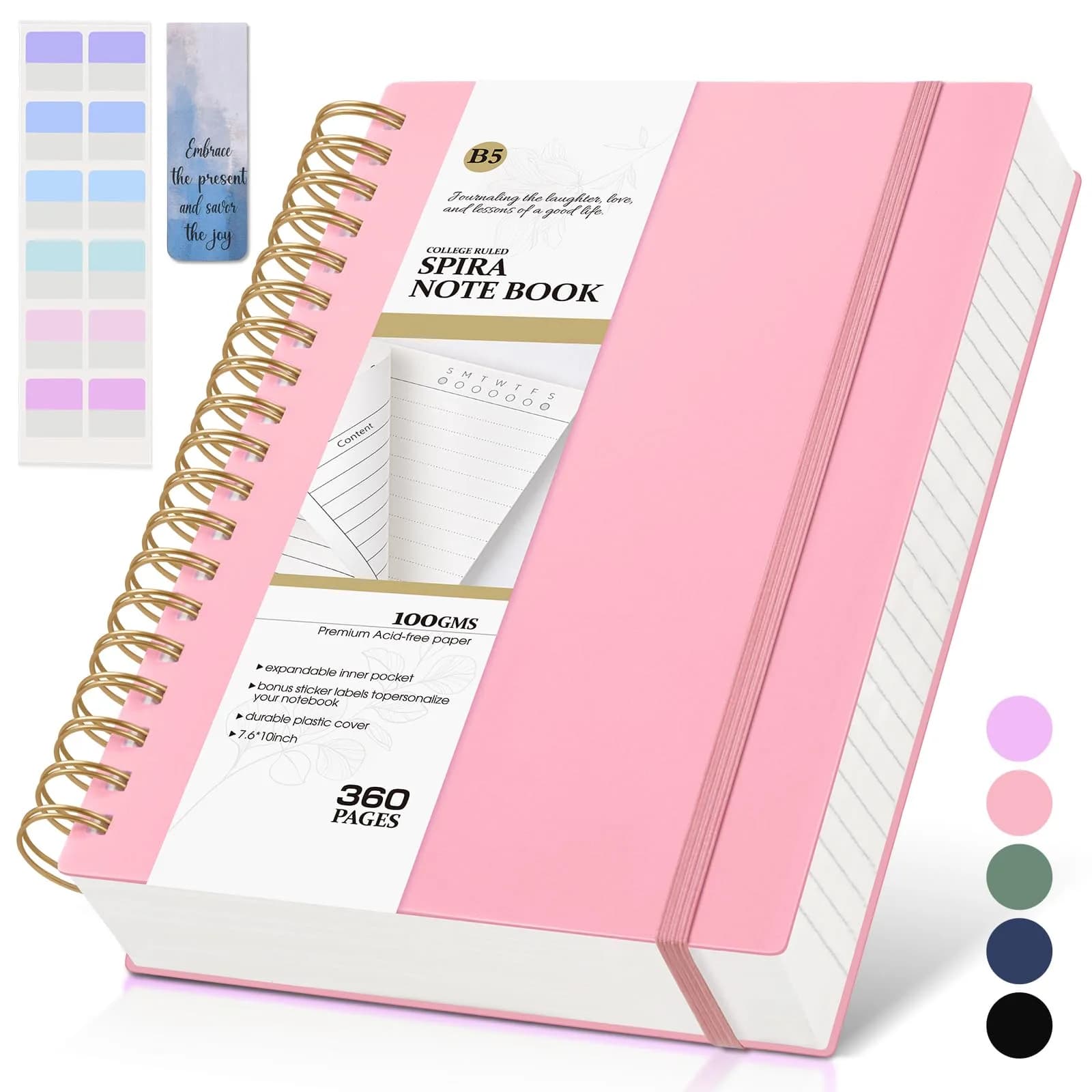 MUAHLIUB Pink Spiral Notebook Journal 360 Pages | Thick College Ruled, Water-Resistant Cover for Writing & School - main product image