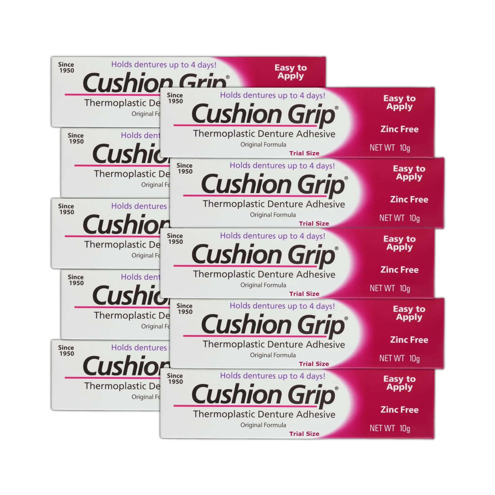 Cushion Grip Thermoplastic Denture Adhesive 10g (0.35 oz) | Holds Dentures Securely for Up to 4 Days — Pack of 10