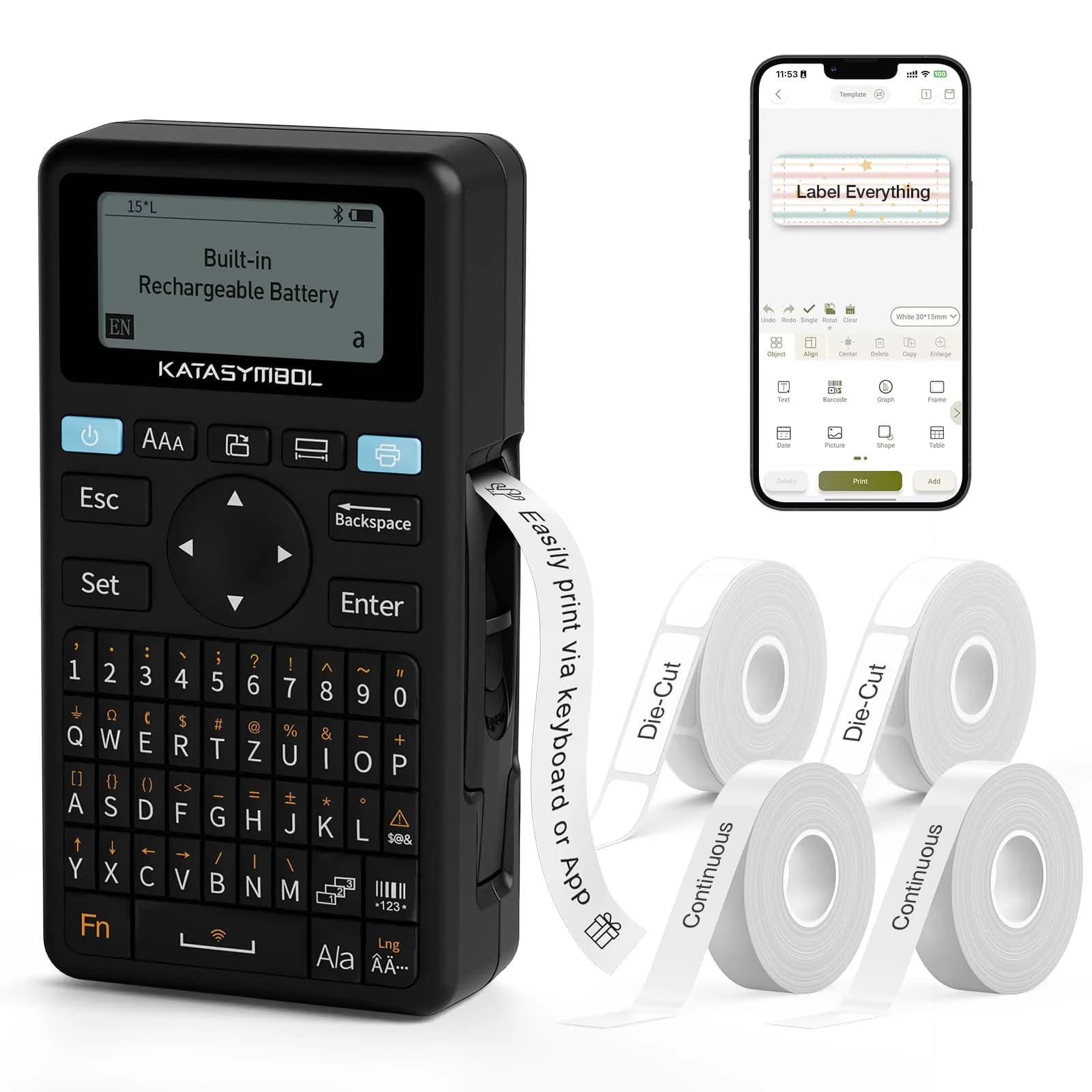 SUPVAN E11 Bluetooth Label Maker Machine with 4 Tapes & Keyboard | 14.7cm (5.8") Black — Machine + 4 Tapes (Set 2)
