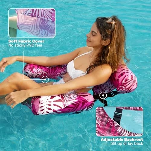Sloosh Inflatable Pool Floats Lounge Chairs 2-Pack | Tropical Leaves-Champagne, Pink (2 Chairs) thumbnail 4