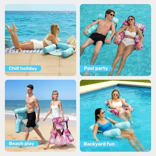Sloosh Inflatable Pool Floats Adult Lounge Chairs 2-Pack | Tropical Leaves-Cyan, Pink (76c) thumbnail 7