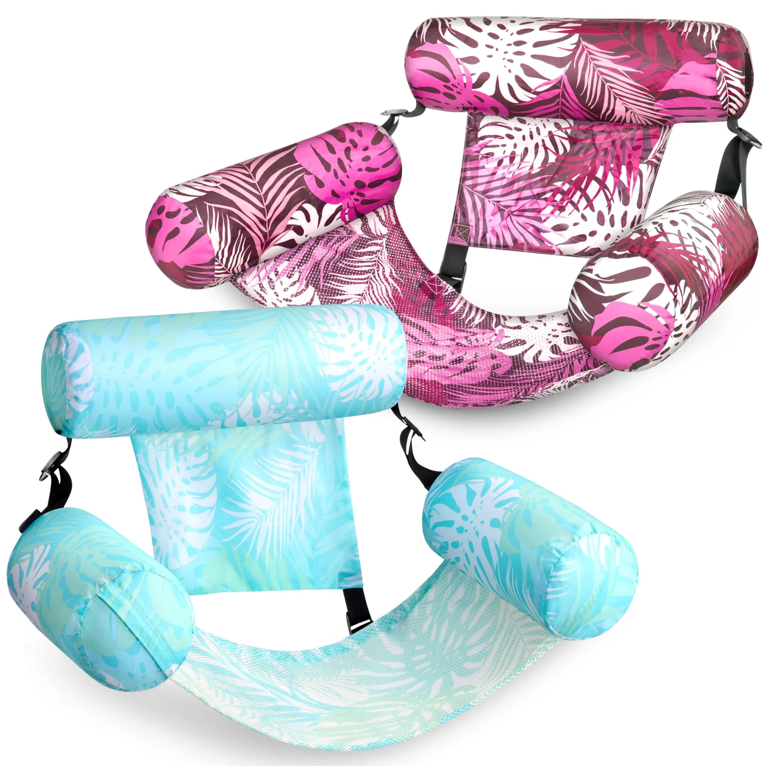 Sloosh Inflatable Pool Floats Adult Lounge Chairs 2-Pack | Tropical Leaves-Cyan, Pink (76c)