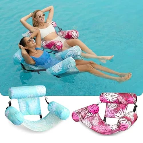 Sloosh Inflatable Pool Floats Adult Lounge Chairs 2-Pack | Tropical Leaves-Cyan, Pink (76c) thumbnail 2