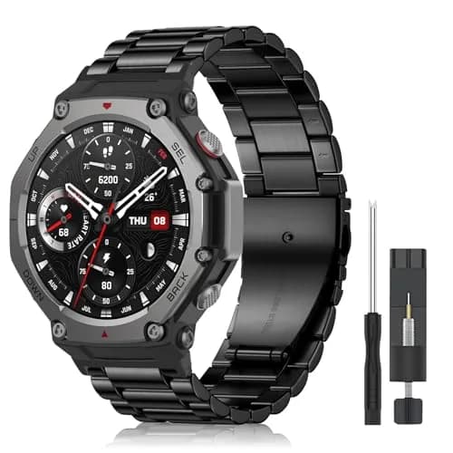 CeiLarv Stainless Steel Watch Band for Amazfit T-Rex 3, 22mm (Black) | Polished Metal Strap with Quick Release thumbnail 1
