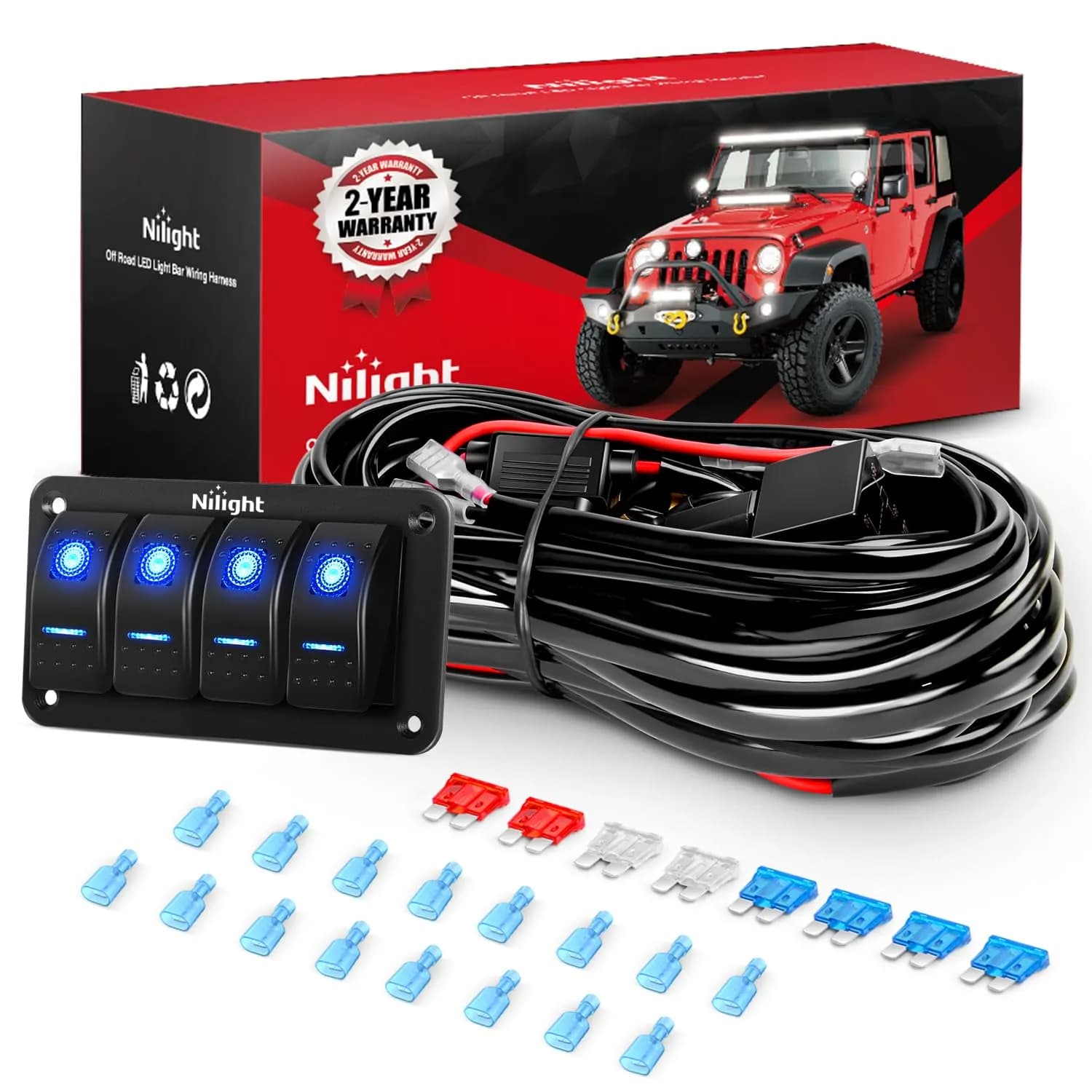 Nilight 4 Gang Rocker Switch Panel Wiring Harness Kit 12V | 16AWG 14AWG 12AWG Power Relay Blade Fuse 5Pin 4 Gang Toggle Switches for Cars Boat ATV Trucks-8 Leads - main product image