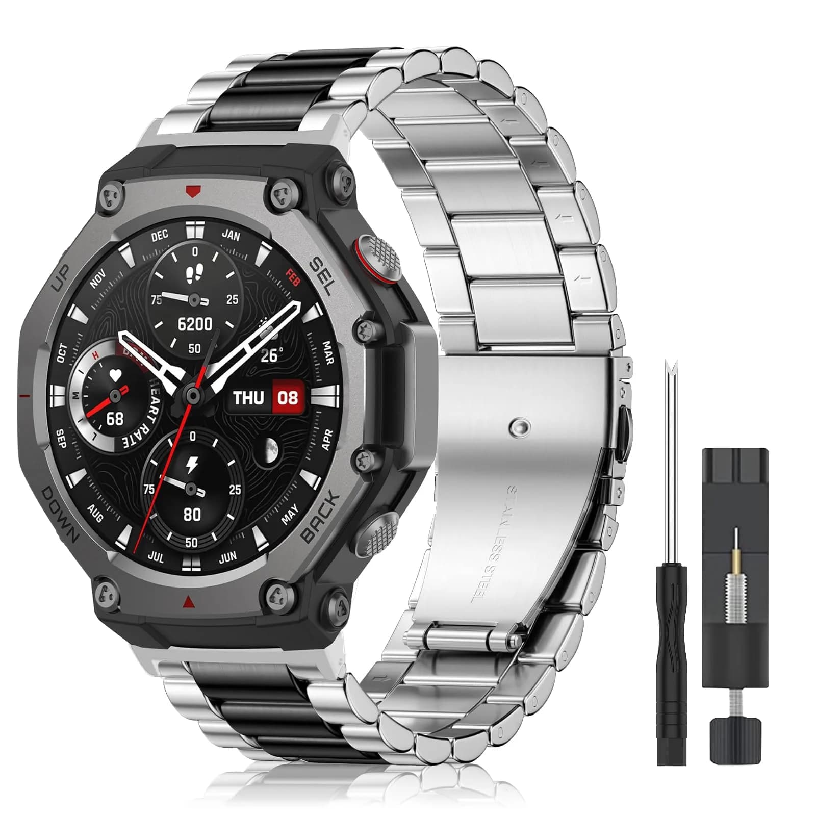 CeiLarv Metal Watch Band for Amazfit T-Rex 3 | Silver Black 2.2cm (0.87in) — Silver Black