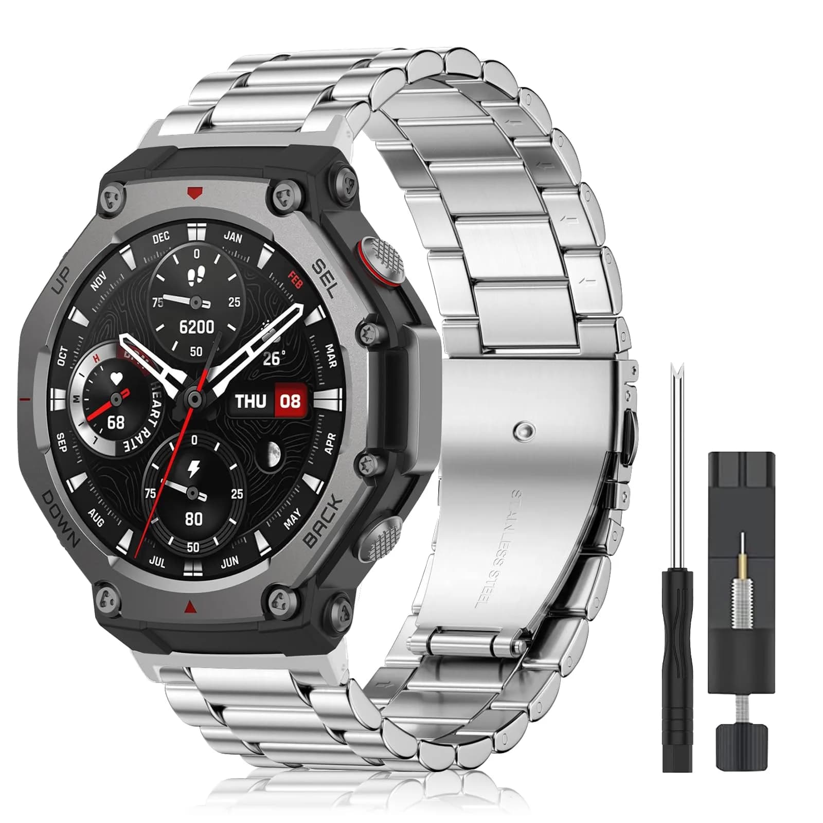 CeiLarv Metal Watch Band for Amazfit T-Rex 3 | Silver Black 2.2cm (0.87in) — Silver