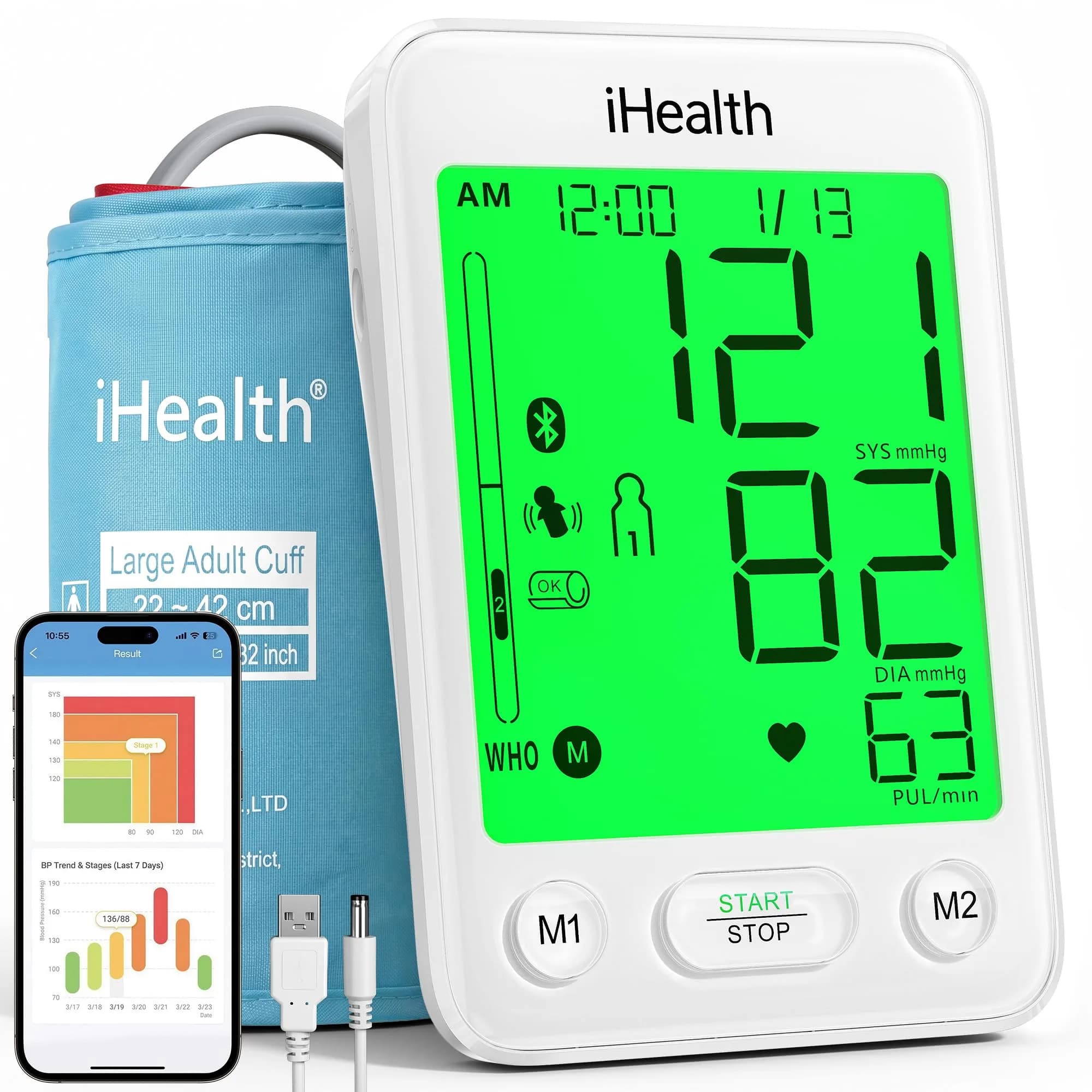 iHealth Accu Bluetooth Upper Arm Blood Pressure Monitor with Large Cuff | Clinically Accurate Home BP Machine — White